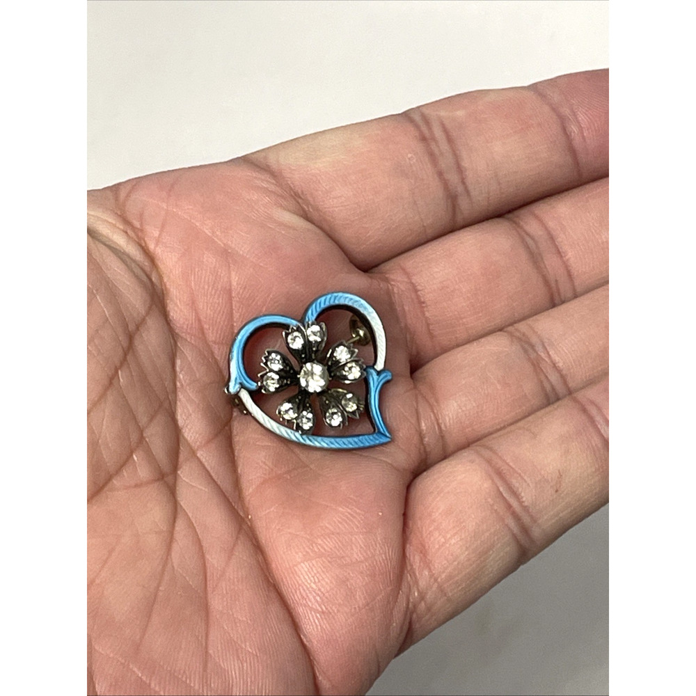 VTG Blue Guilloche Enamel Rhinestone Heart Flower Brooch Pin 1" Antique Style - Picture 11 of 12